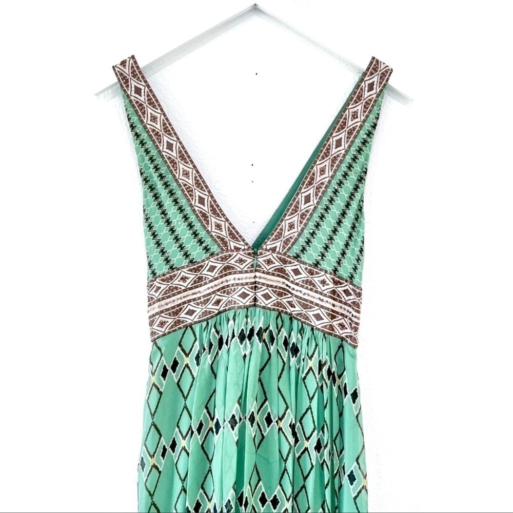 BCBGMaxAzria Green Printed V-Neck Maxi Dress with Ivory Trim - Picture 7 of 9